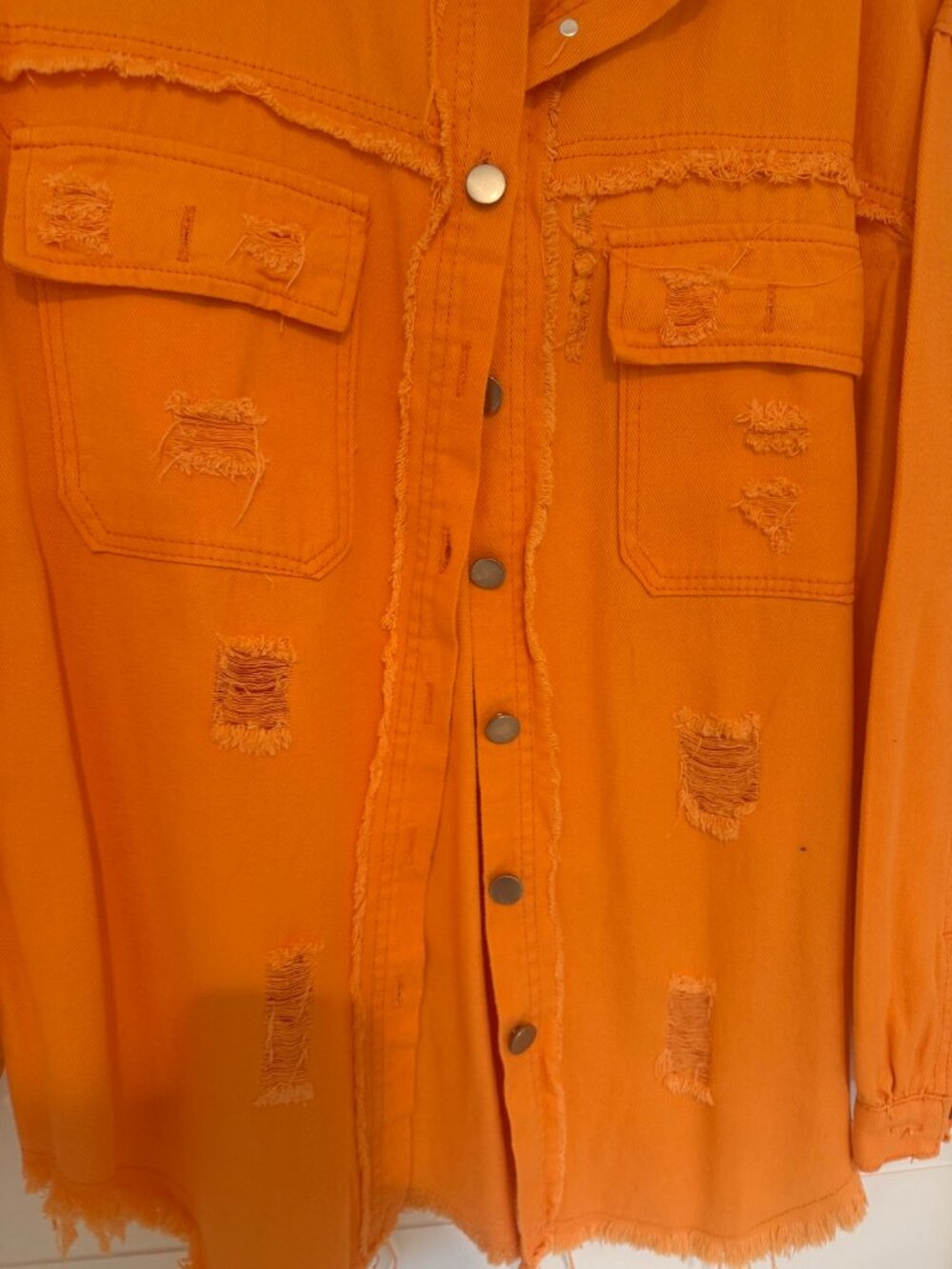 Orange Distressed Denim Shacket Jacket Oversized Ripped Frayed Hem Sz M